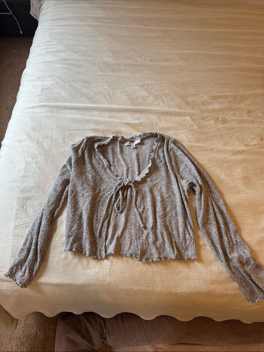Gaze Gray Ribbed Tie-Front Long Sleeve Cardigan